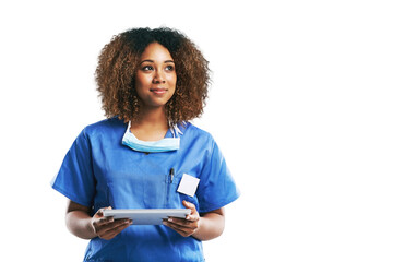 Canvas Print - healthcare, nurse and black woman smiling with technology for idea or isolated on a transparent png background. Female, medical physician and mobile or research and thought for digital checklist