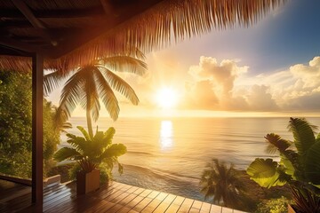 exotic destination, with view of the ocean, and tropical sun shining down, created with generative ai