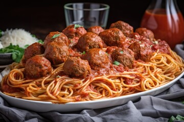 Wall Mural - platter of spaghetti and meatballs, ready to serve, created with generative ai