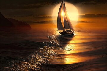 Sticker - sunset sailboat gliding across the water with golden rays of light, created with generative ai