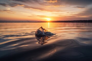 Canvas Print - plastic bag drifting on the water, with sunset in the background, created with generative ai