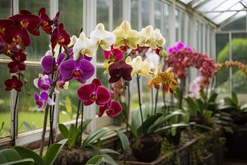 Wall Mural - close-up of vibrant orchids in greenhouse, with windows and doors visible, created with generative ai