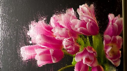 Canvas Print - Bright spring flowers. Pink tulips through wet glass on a black background. Can be used as a picture or postcard