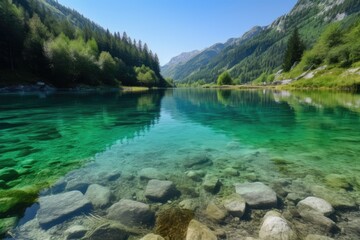 Sticker - crystal clear lake, with view of the surrounding landscape, in mountain setting, created with generative ai