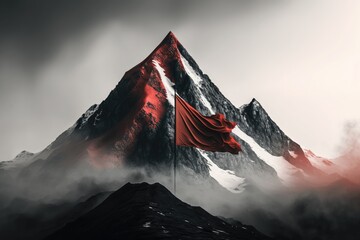 view of a mist-shrouded mountain peak with red flag in the distance, created with generative ai