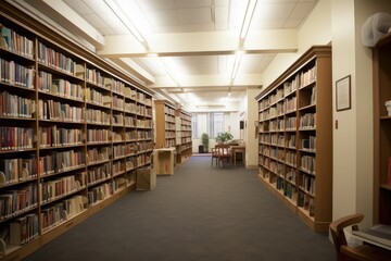 Poster - interior of library, with shelves and books in view, providing a calm and peaceful environment, created with generative ai