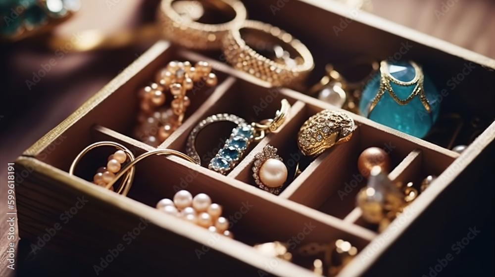 Jewelry box with stylish golden bijouterie, closeup view. AI Generative