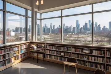 Poster - library, with view of bustling city skyline in the background, created with generative ai