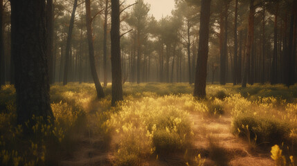 Poster -  A pine grove with the smell of resin and soft needle Generative AI 