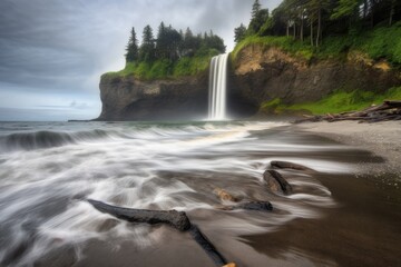 Canvas Print - serene beach with dramatic waterfall in the background, created with generative ai