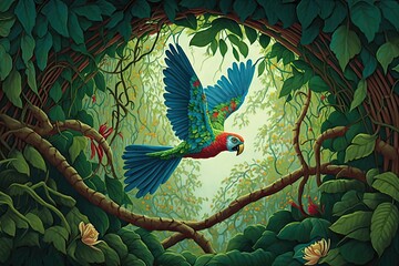 Poster - parrot flying among vines in jungle canopy, created with generative ai