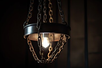 Canvas Print - lighting fixture with chain and bulb hanging from ceiling, created with generative ai