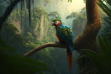 Poster - parrot perched on tree branch, surveying the jungle below, created with generative ai