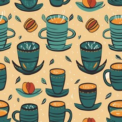 Aufkleber - Minimalist coffee cups in a variety of shapes and sizes, perfect for coffee shop seamless pattern