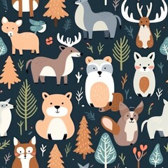 Aufkleber - cute animals and forest trees on black background seamless pattern