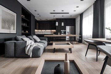 Canvas Print - minimalist home with sleek, modern furniture and bold black & white accents, created with generative ai