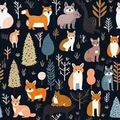 Aufkleber - cute animals in wild forest background seamless pattern