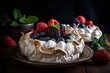 meringue nest, filled with whipped cream and berries, created with generative ai