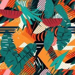 Aufkleber - vibrant colors tropical themed leaf and flower background seamless pattern