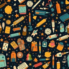 Aufkleber - School-themed backpacks filled with vibrant stationery and accessories background seamless pattern