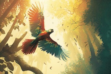 Wall Mural - parrot flying past towering tree, with sun shining through the foliage, created with generative ai