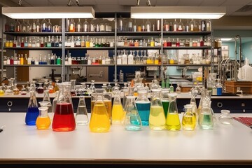 Poster - science lab with a variety of flasks and beakers for mixing chemical compounds, created with generative ai