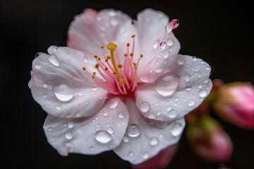 Canvas Print - close-up of cherry blossom bloom, with droplets of water visible, created with generative ai