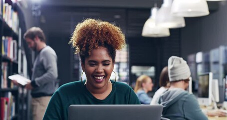 Aufkleber - Laptop, library and college student laughing for online research, assignment or meme. African woman at table with internet for learning, education and studying for scholarship at campus or university