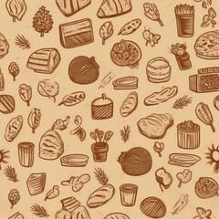 Aufkleber - brown colored craft paper style hand drawn bakery products background seamless pattern