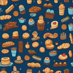 Aufkleber - bakery products fresh baked on blue background seamless pattern