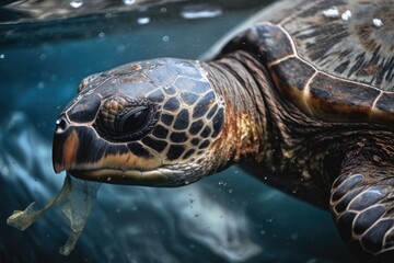 Canvas Print - sea turtle swimming in plastic-filled ocean, its nose and mouth covered with trash, created with generative ai