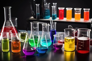 Poster - science lab with beakers, flasks, and test tubes filled with colorful liquids, created with generative ai