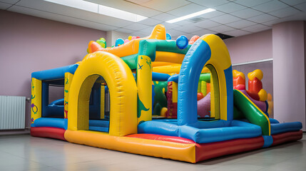 Close up modern inflatable playground for children indoor. Colorful kids zone with safety net for playing. AI Generative