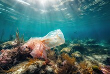 Plastic Bag, Tangled Among Seaweed And Coral In Tropical Lagoon, Created With Generative Ai