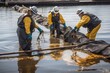 oil spill cleanup team in action, using high-tech equipment to remove oil from water, created with generative ai