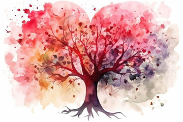 Wall Mural - A heart tree, symbolizing love with its heart-shaped canopy, rendered in watercolor to create a tender and poetic Valentine's Day background