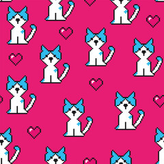 Wall Mural - Seamless pattern with pixel cat on pink background.  Background for textile, fabric, stationery, clothes, accessories and other designs.