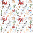Watercolor illustration of a seamless pattern in a marine theme with algae, crab, seagull, shells, pearls, starfish, stones on a background of blue splashes isolated on a transparent background
