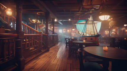 Sticker - Burger restaurant with pirate ship decor Generative AI 