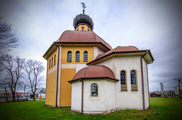 General view and architectural details of the Orthodox Church of Saint Simeon Słupnik consecrated in 2005 in Brańsk, Podlasie, Poland.