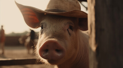 Canvas Print - Pig on a farm wearing a straw hat Generative AI 