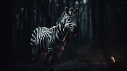 Wall Mural - Zebra in a dark forest Generative AI 