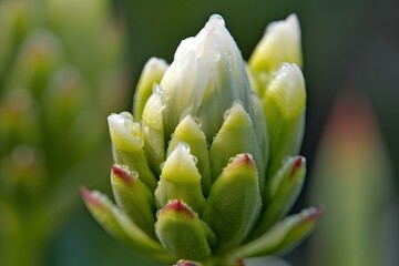 Wall Mural - close-up of a bud with dew drops on its petals, ready to bloom, created with generative ai