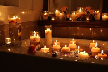 Canvas Print - bubble bath with candles and music for truly relaxing experience, created with generative ai