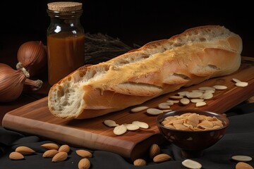 Canvas Print - baguette with slathered of creamy, flavorful peanut butter, created with generative ai