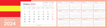 Planner Calendar For 2024. Wall Organizer, Yearly Template. One Page. Set Of 12 Months. Spanish.