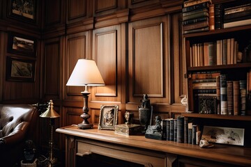 Canvas Print - wood-paneled wall with built-in bookshelf and antique lamp, created with generative ai