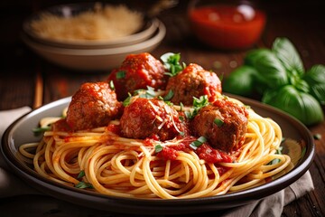 Poster - tasty spaghetti and meatballs dinner, ready to be devoured by hungry family, created with generative ai