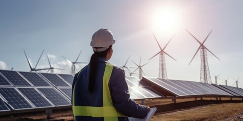 Back view of female engineer working at solar farm wearing hard hat. Generative AI AIG20.