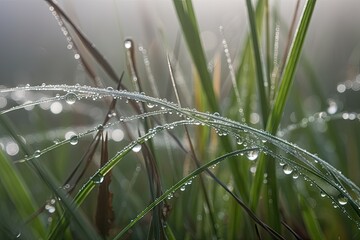 Poster - close-up of dew drops on a blade of grass in the misty morning meadow, created with generative ai